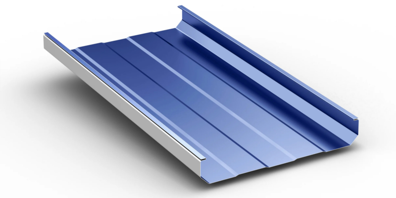 McElory Metal Blue Trap Tee Standing Seam Metal Roof Panel On White Background - image courtesy of mcelroymetal.com