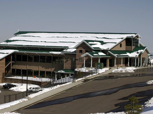 Image showing multiple rows of snow rails systems on a large roof holding snow