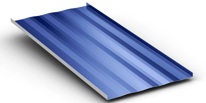 McElory Metal Blue Medallion II Standing Seam Metal Roof Panel On White Background - image courtesy of mcelroymetal.com