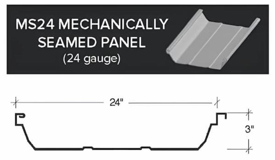 BC Steel Buildings MS24 Mechanically Seamed Panel Dimensions - Image courtesy of https://www.bcsteel.com/