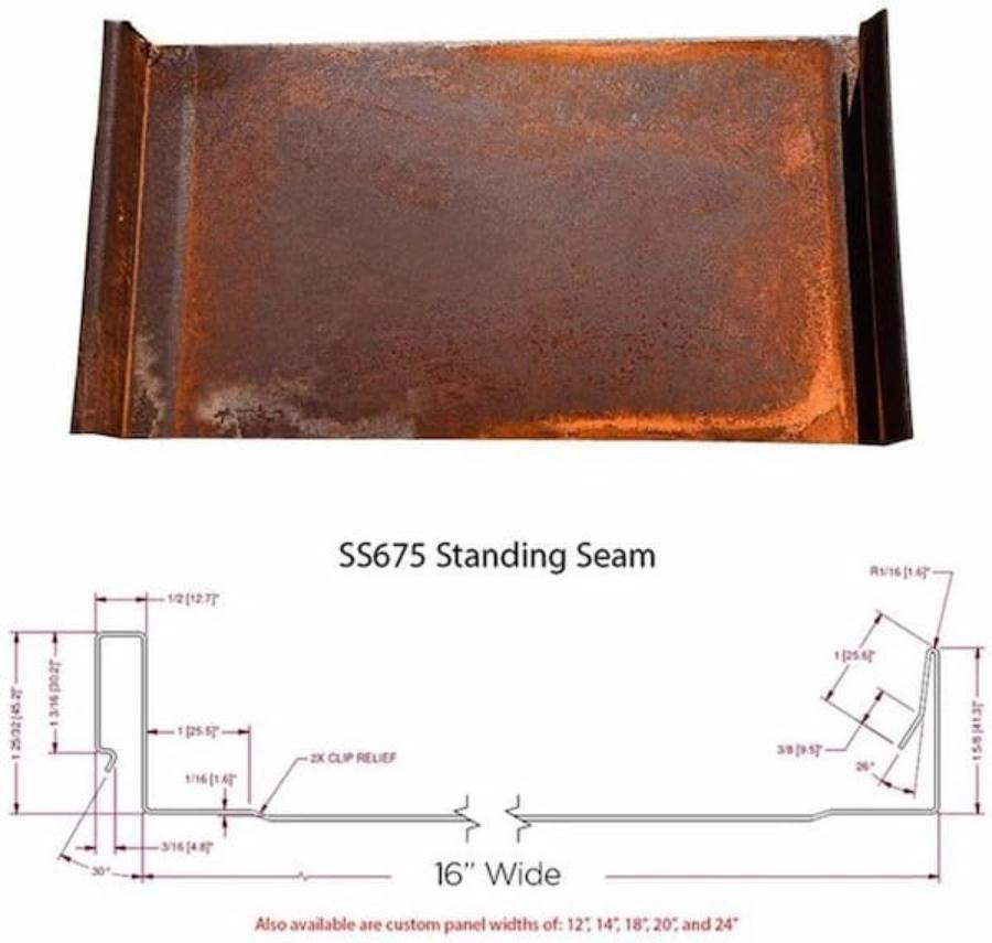 Corten Roofing Standing Seam Panel Rendering and Profile Dimensions - Image courtesy of https://www.cortenroofing.com/