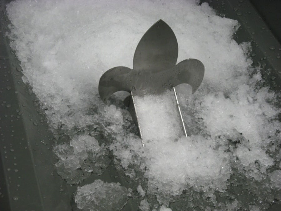 A Fleur De Lis SnowCatcher Holding Snow on a Roof