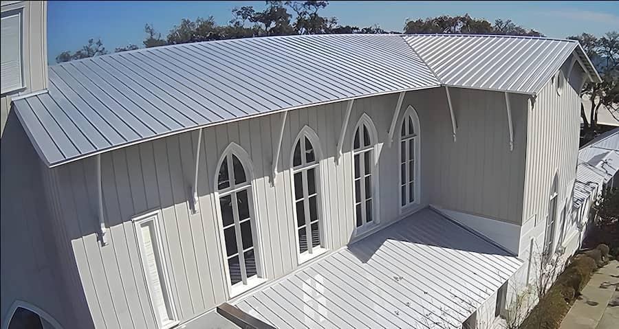 Goldin Metals roofing system installed on a church - Image courtesy of https://www.goldinmetals.com/