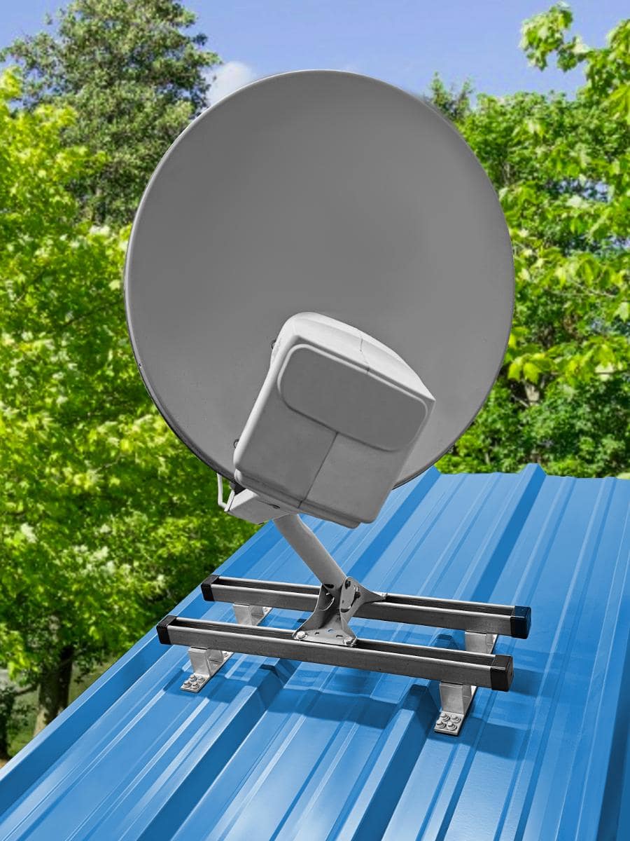 SataMount MRM Mounted on Blue PBR Screw Dwon Roof With Direct TV Satellite Dish Mounted