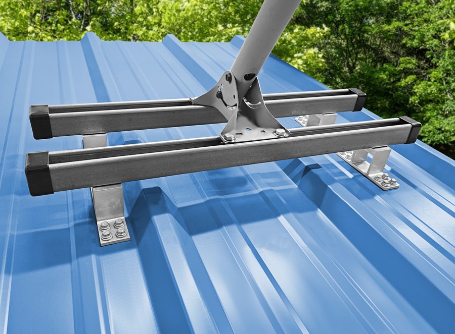 SataMount MRM mounted on a light blue PBR or R-Panel screw down metal roof