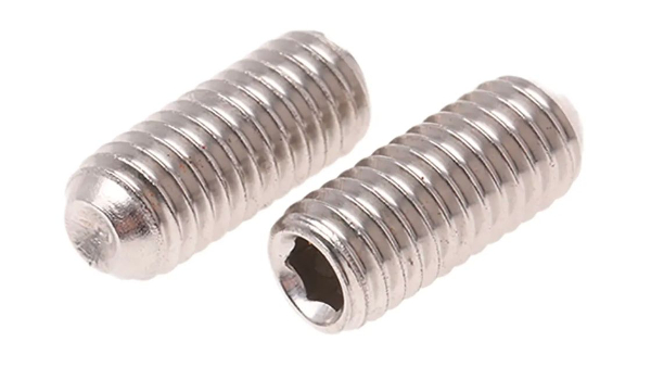 IMage showing stainless steel cupped tip set screws on white background.