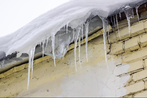 Image showing a close up of the edge of a roof with dangerous icicles.