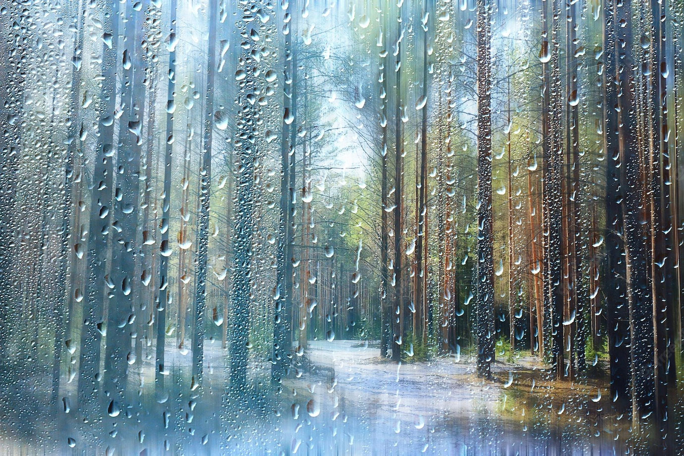 Image shows rain beading on window looking out onto a forest of tress